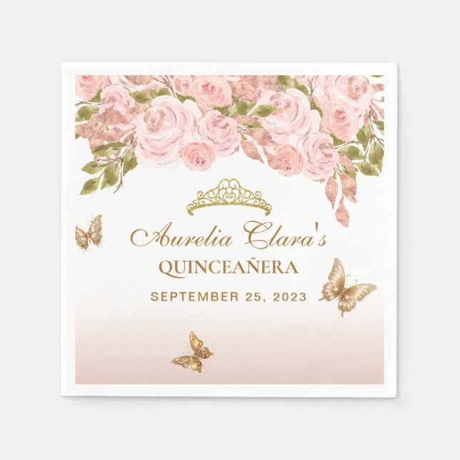 Floral Blush Pink Gold Tiara Butterfly Quinceañera Napkin (Front)