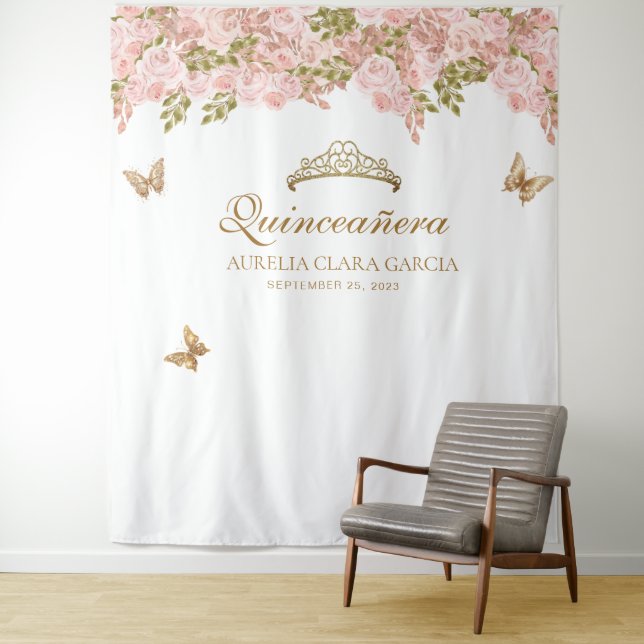Floral Blush Pink Gold Tiara Butterfly Quinceañera Tapestry (In Situ)