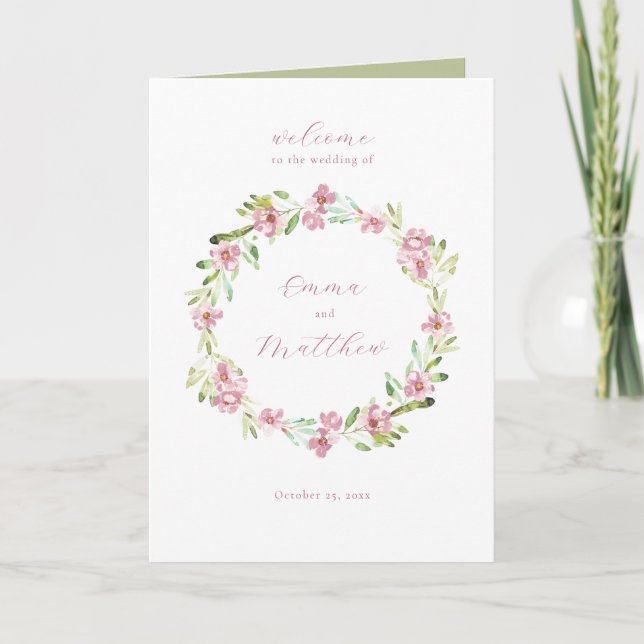 Floral Blush Pink + Green Botanical Wreath Folded Programme (Front)