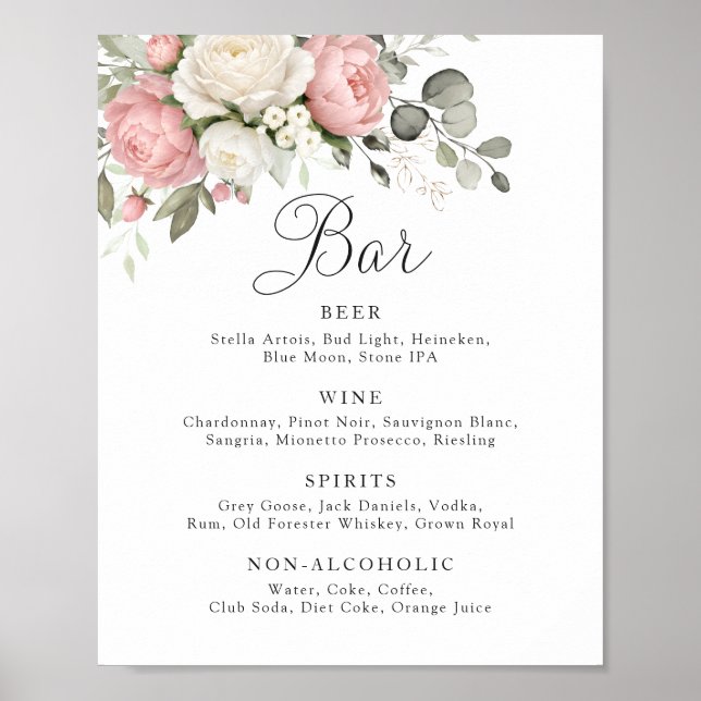 Floral Blush Pink Greenery Wedding Bar Sign (Front)