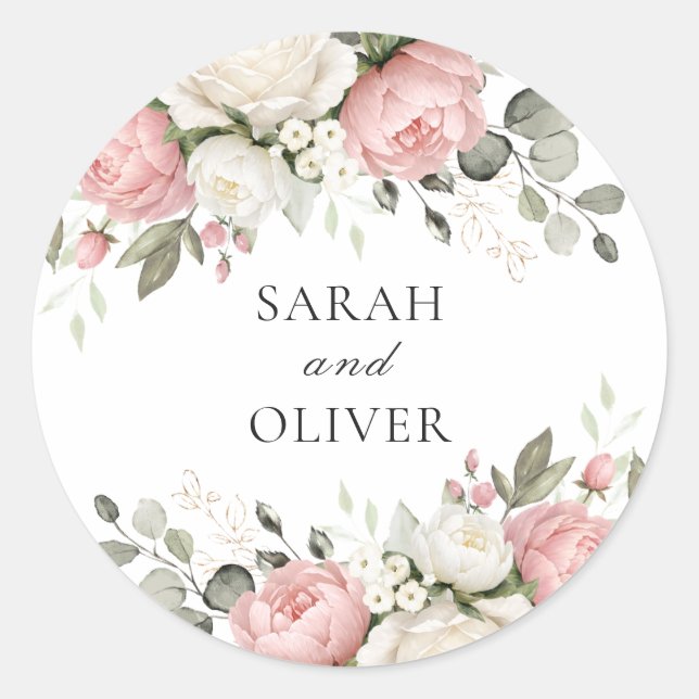 Floral Blush Pink Greenery Wedding Classic Round Sticker (Front)
