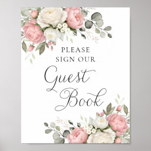 Floral Blush Pink Greenery Wedding Guest Book Sign