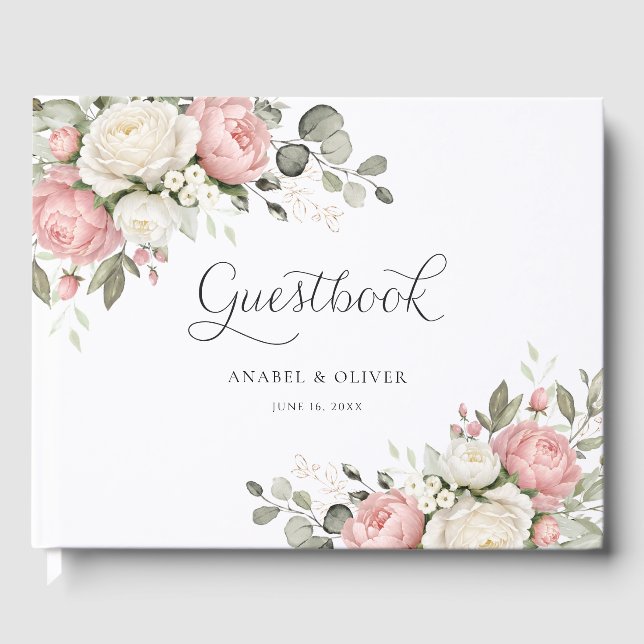 Floral Blush Pink Greenery Wedding Guestbook (Front)