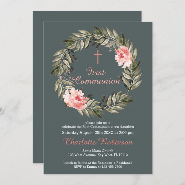 Floral Blush Pink Grey Communion Invite (Front/Back)