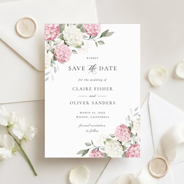 Floral Blush Pink Hydrangea Wedding Save the Date Invitation (Creator Uploaded)