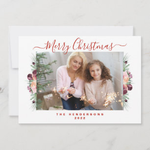 Floral Blush-Pink Merry Christmas Photo Holiday Card