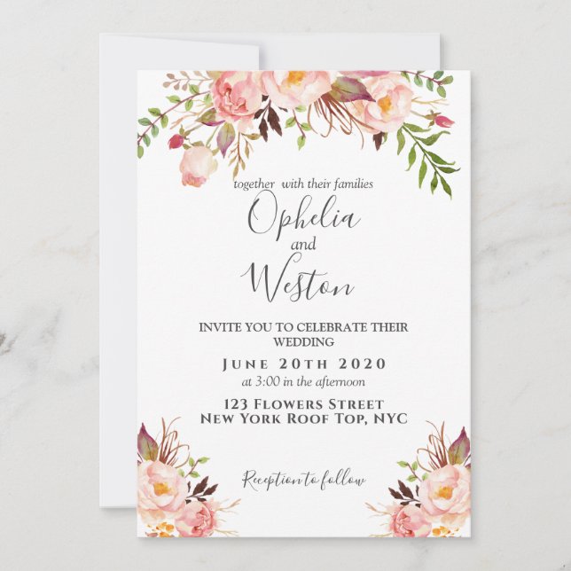 Floral Blush Pink Modern Elegant Boho Wedding Invitation (Front)