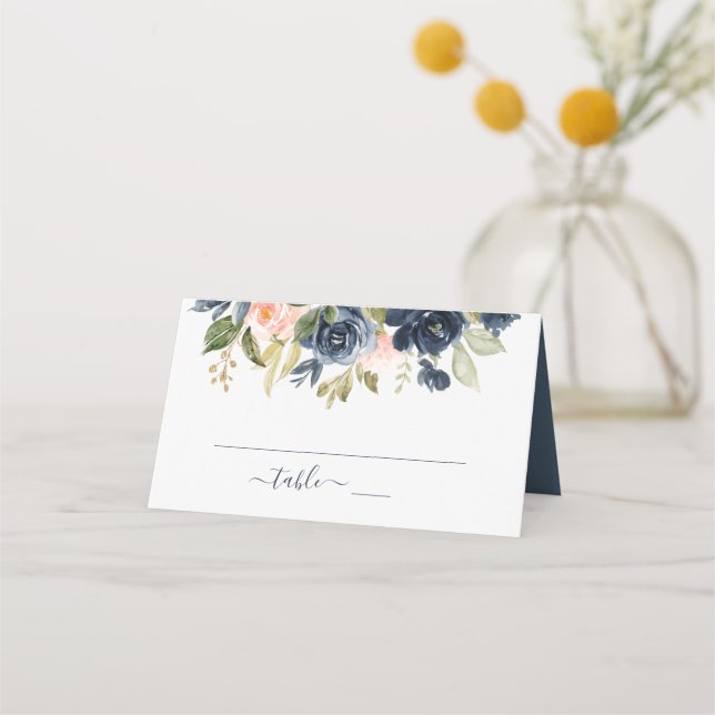 Floral Blush Pink & Navy Frame Elegant Wedding Place Card (Front)