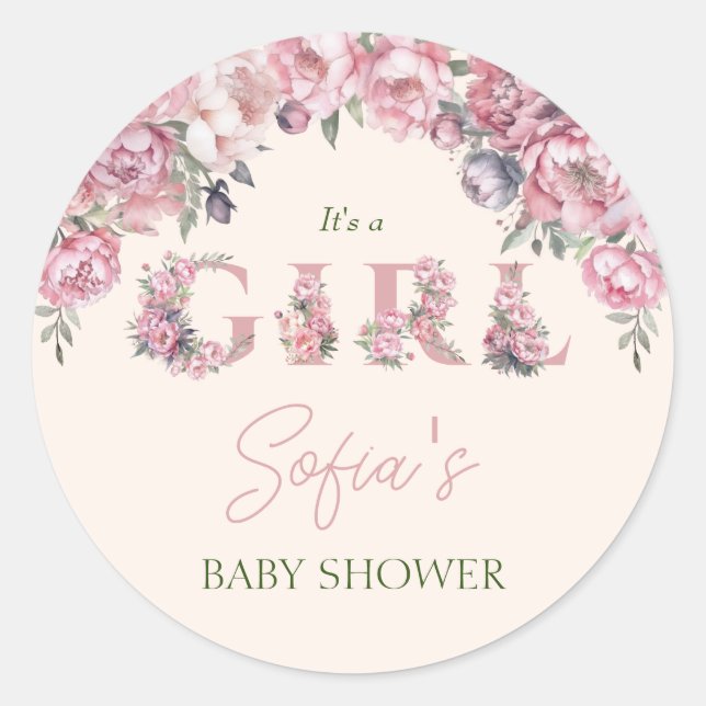 Floral Blush Pink Peonies Girl Baby Shower Classic Round Sticker (Front)