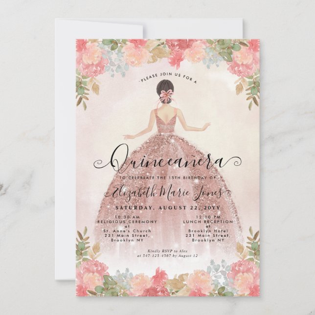 Floral Blush Pink Princess Birthday Quinceanera Invitation (Front)