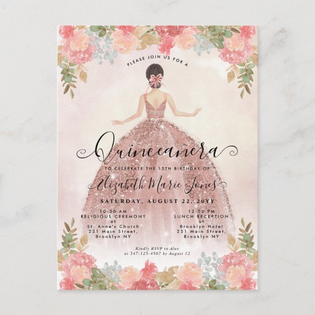 Floral Blush Pink Princess Birthday Quinceanera Invitation Postcard (Front)