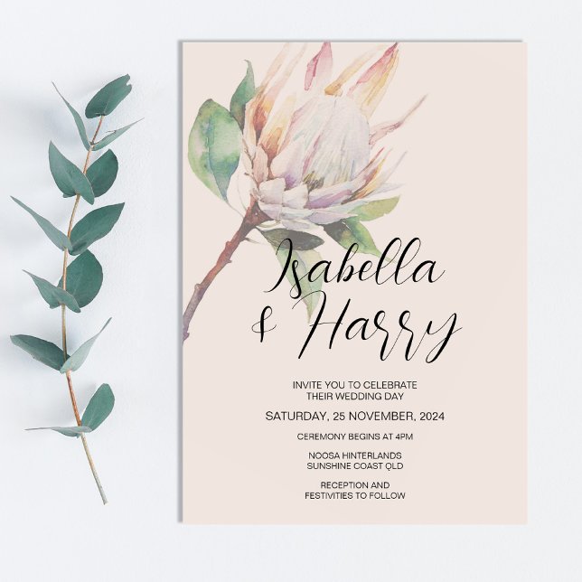 Floral Blush Pink Protea Native Flowers Wedding Invitation (Creator Uploaded)