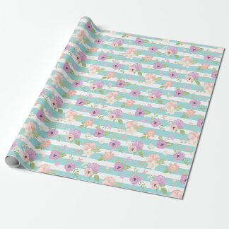 Floral Blush Pink Purple Greenery Blue Stripes Wrapping Paper