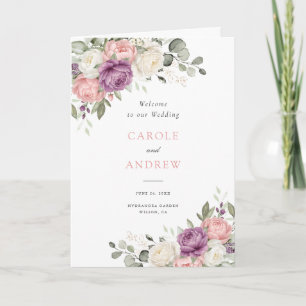 Floral Blush Pink Purple Greenery Folded Wedding Programme