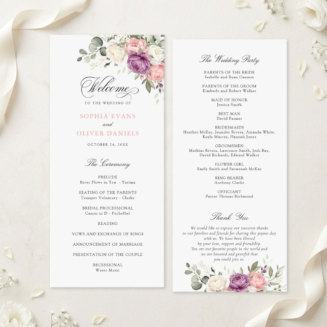 Floral Blush Pink Purple Greenery Wedding Program Programme (Creator Uploaded)