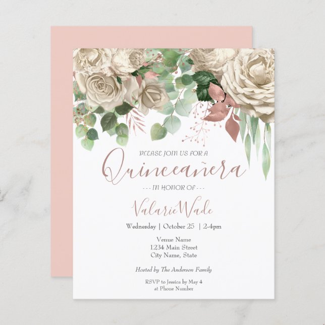 Floral Blush Pink Quinceanera Budget Invitation (Front/Back)