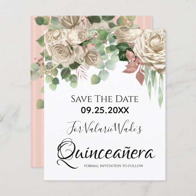 Floral Blush Pink Quinceanera Save the Date (Front/Back)