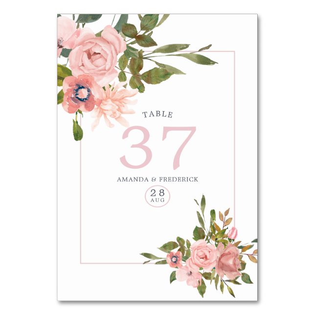 Floral Blush Pink Roses Table Number (Front)