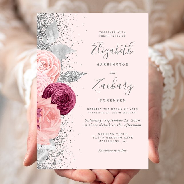 Floral Blush Pink Silver Glitter Burgundy Wedding Invitation (Creator Uploaded)