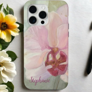 Floral blush pink silver monogram girly orchid iPhone 15 Pro Max Case