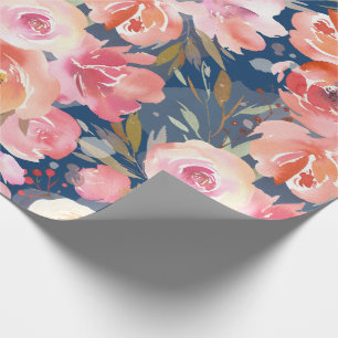 Floral Blush Pink Watercolor Roses on Blue Wrapping Paper