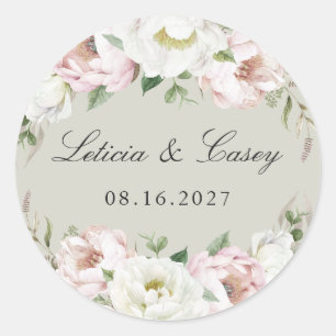 Floral Blush Pink White Peony Sage Green Wedding Classic Round Sticker
