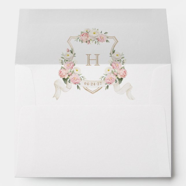 Floral Blush Rose Greenery Crest Monogram Envelope (Back (Bottom))