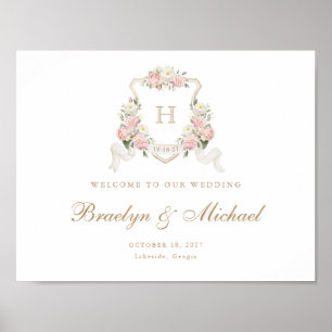 Floral Blush Roses Crest Monogram Welcome Sign