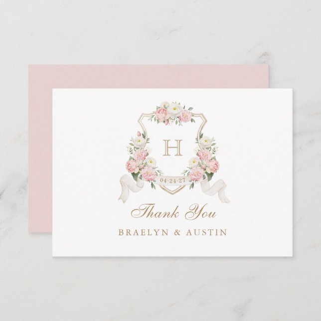 Floral Blush Roses Greenery Crest Monogram Wedding Thank You Card (Front/Back)
