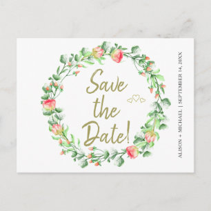 Floral blush sage garden wreath wedding save date announcement postcard