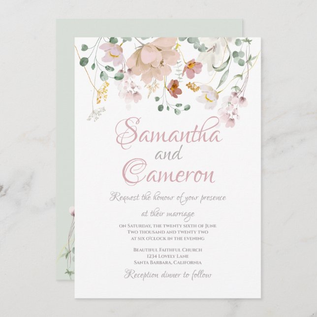 Floral Blush Sage Green Foliage wedding invitation (Front/Back)