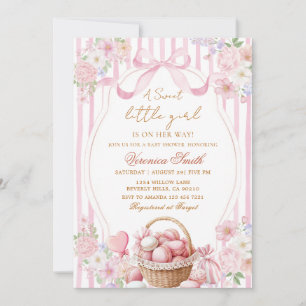 Floral Blush Stripe Pink Sweets Bow Baby Shower Invitation