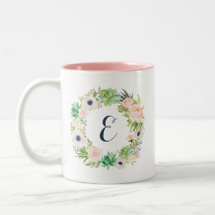 Floral Blush Succulents Cactus Wreath Monogram Two-Tone Coffee Mug