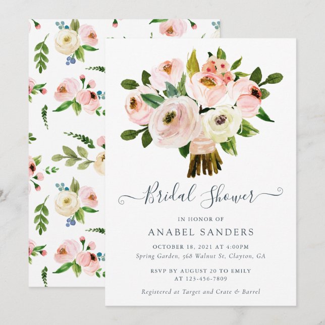 Floral Blush Watercolor Peonies Bridal Shower Invitation (Front/Back)