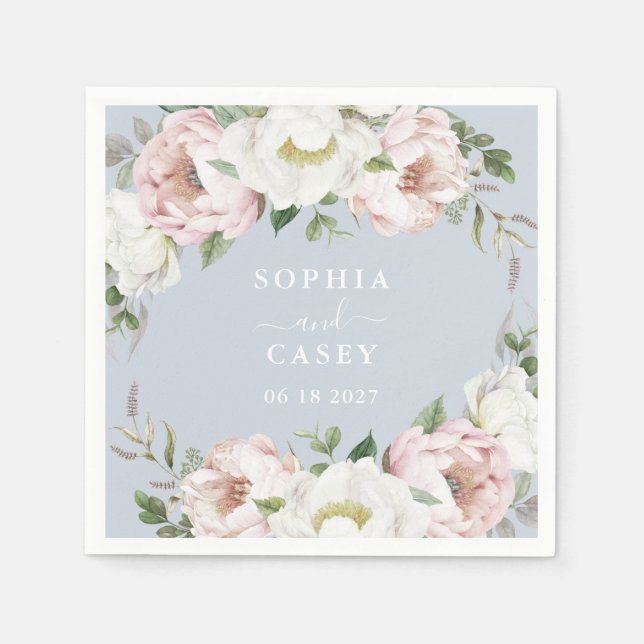 Floral Blush White Greenery Personalised Wedding Napkin (Front)