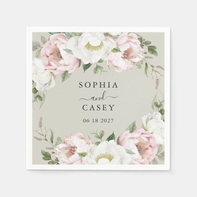 Floral Blush White Greenery Personalised Wedding Napkin (Front)