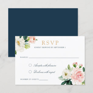 Floral Blush White Navy Romantic Respond RSVP Card