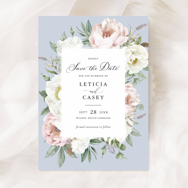 Floral Blush White Peonies Wedding Save the Date Invitation (Creator Uploaded)