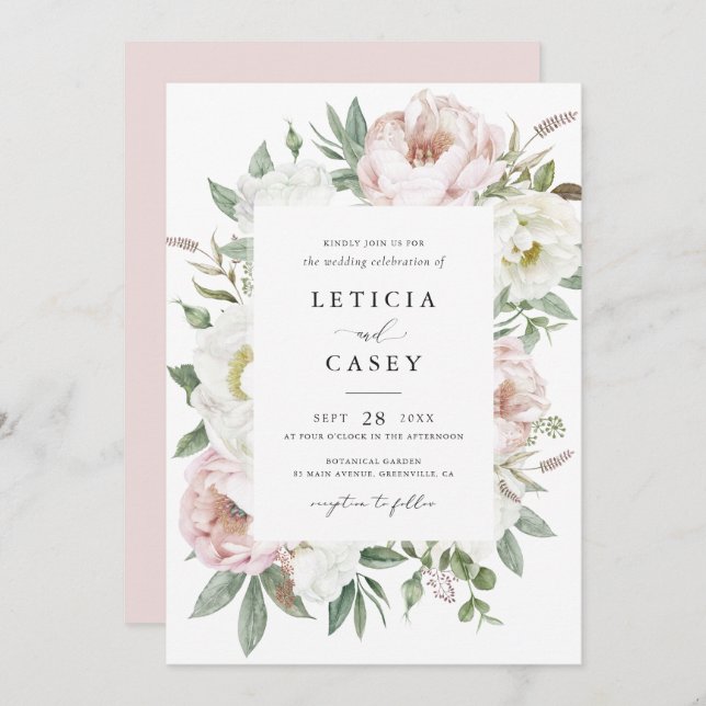 Floral Blush White Peony Frame Elegant Wedding Invitation (Front/Back)