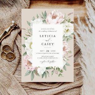 Floral Blush White Peony Frame Elegant Wedding Invitation