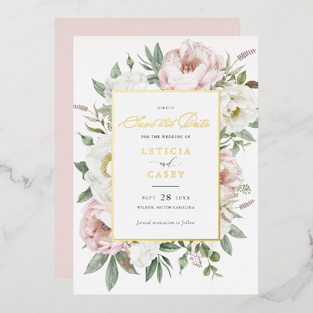 Floral Blush White Peony Gold Foil Save the Date (Front/Back)