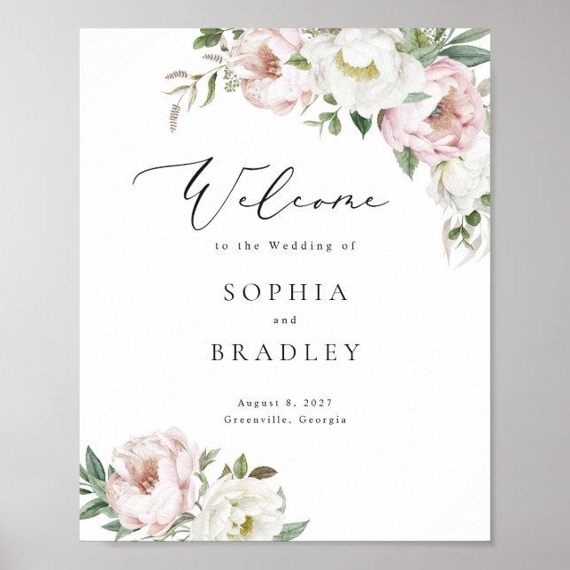 Floral Blush White Peony Leaf Wedding Welcome Sign (Front)