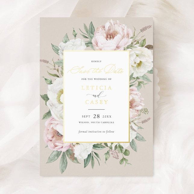 Floral Blush White Peony Rose Foil Save the Date (Creator Uploaded)