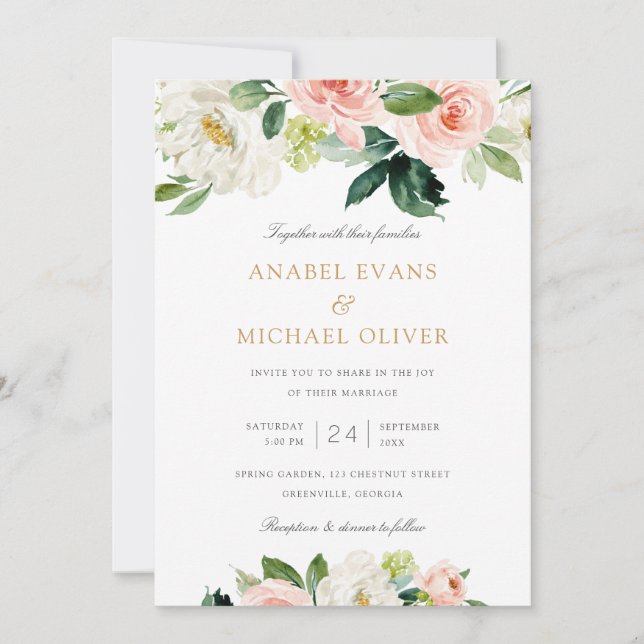 Floral Blush White Romantic Greenery Wedding Invitation (Front)