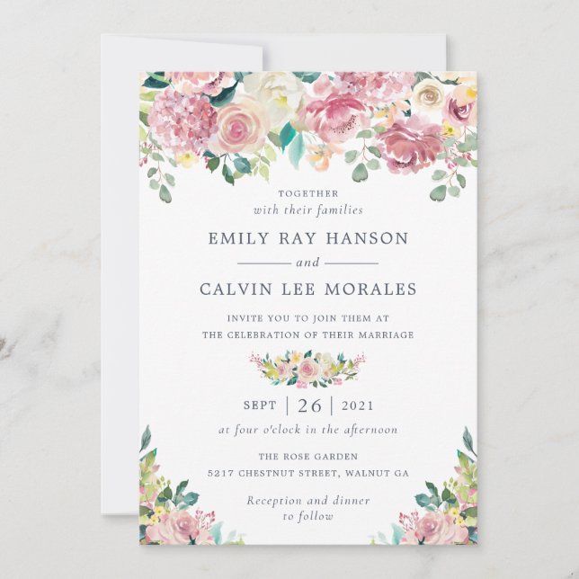 Floral Blush Yellow Greenery Eucalyptus Elegant Invitation (Front)