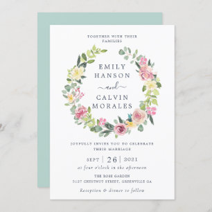 Floral Blush Yellow Greenery Leaf Elegant Wreath Invitation