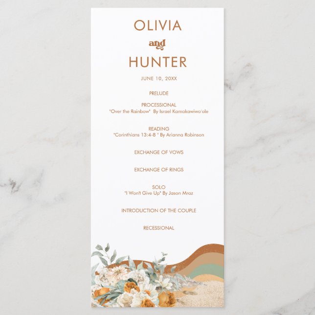 Floral Bohemian Modern Terracotta Wedding Program Menu (Front)