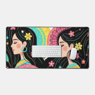 Floral Bohemian Women Illustration Art Print Desk Mat