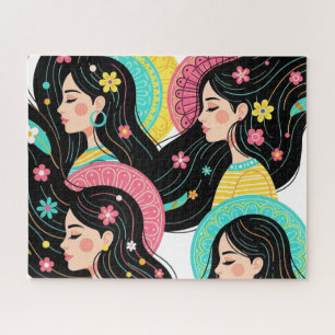 Floral Bohemian Women Illustration Art Print  Jigsaw Puzzle