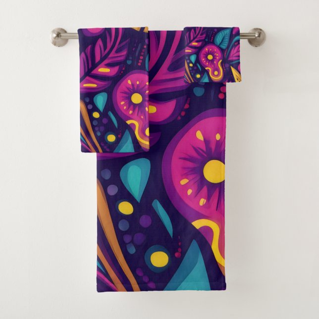 Floral Boho Abstract colourful 5 Bath Towel Set (Insitu)